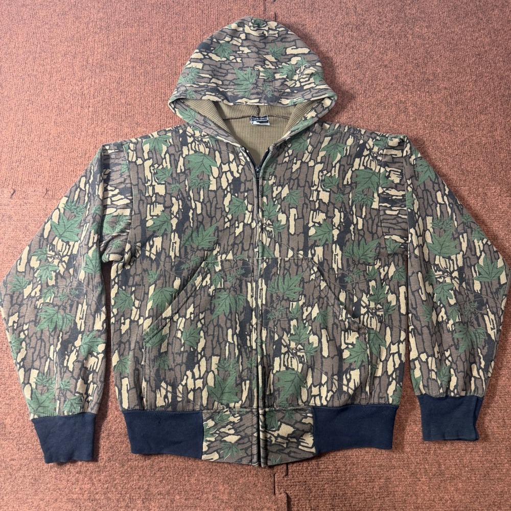 Ace Sportswear Vintage Camo Full Zip Hoodie Thermal Lined Made in USA Tree Bark